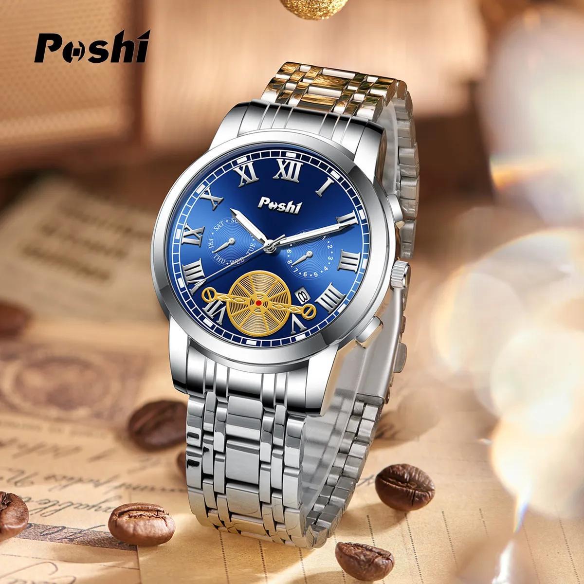 POSHI 905 Luxury Man Wristwatch Waterproof Date Watch for Men Stainless Steel Men\'s Quartz Watches reloj hombre with Box