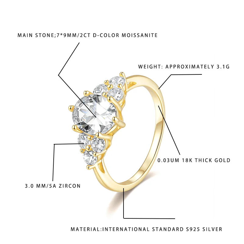

2CT D-Color Moissanite Women Ring: S925 Silver Base 0.03UM 18K Gold Plated with 3.0MM Zircon Fashion Gift Jewelry