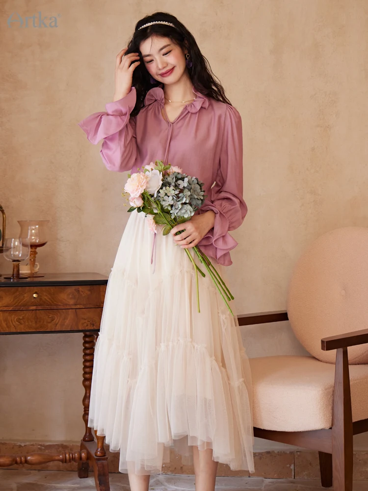 ARTKA 2023 Spring New Women Blouse French Elegant Palace Style Ruffle Stand Collar Lace-up Shirts Flare Sleeve Shirt SA92038C