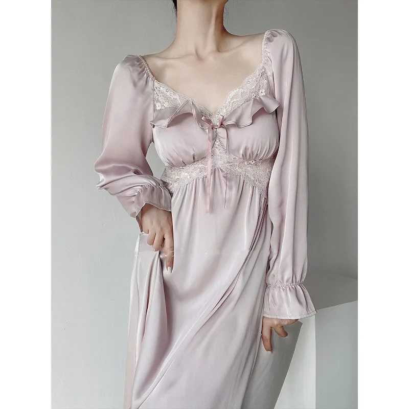 Spring Summer 2024 New Vintage Pajamas Women\'s Ice Silk Loungewear Long Sleeves Long Skirt V-neck Nightdress Court Style Skirt