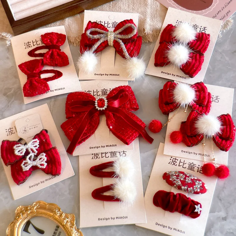 

Новогодние красные бархатные заколки для волос для девочек, корейские зажимы из меха норки с резинками для волос с бантом, подарок на рождественскую вечеринку