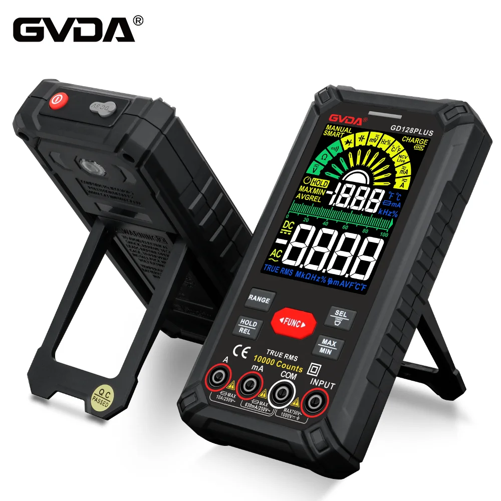 GVDA 전문가용 디지털 멀티미터, True RMS 테스터, 충전식 배터리, Ohm Hz AC DC 1000V 10A 멀티테스터 미터 