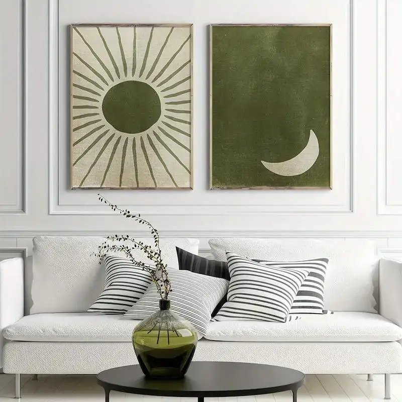 2Pc/Set Bohemian Style Sun Moon Canvas Art Olive Green Abstract Wall Day Night Theme Living Room Home Decoration No Frame