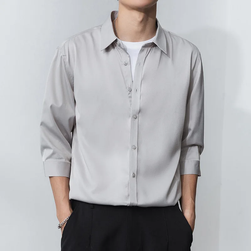 

Men's Loose Fit Ice Silk Shirt Casual Style Seven Quarter Sleeve No Iron Treatment Pure Color Fashionable Trend Outerwear