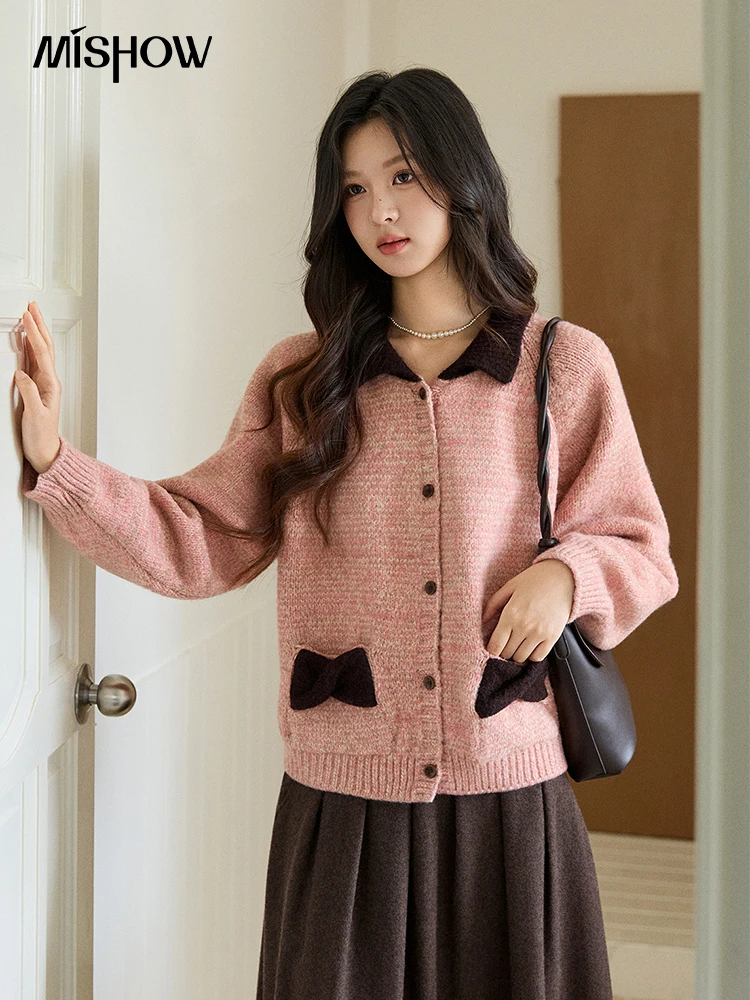 

MISHOW Women's Pink Knitted Cardigan Autumn Winter Contrast Collar Bow Pocket Top Single-breasted Loose Warm Sweater MXE94Z2957