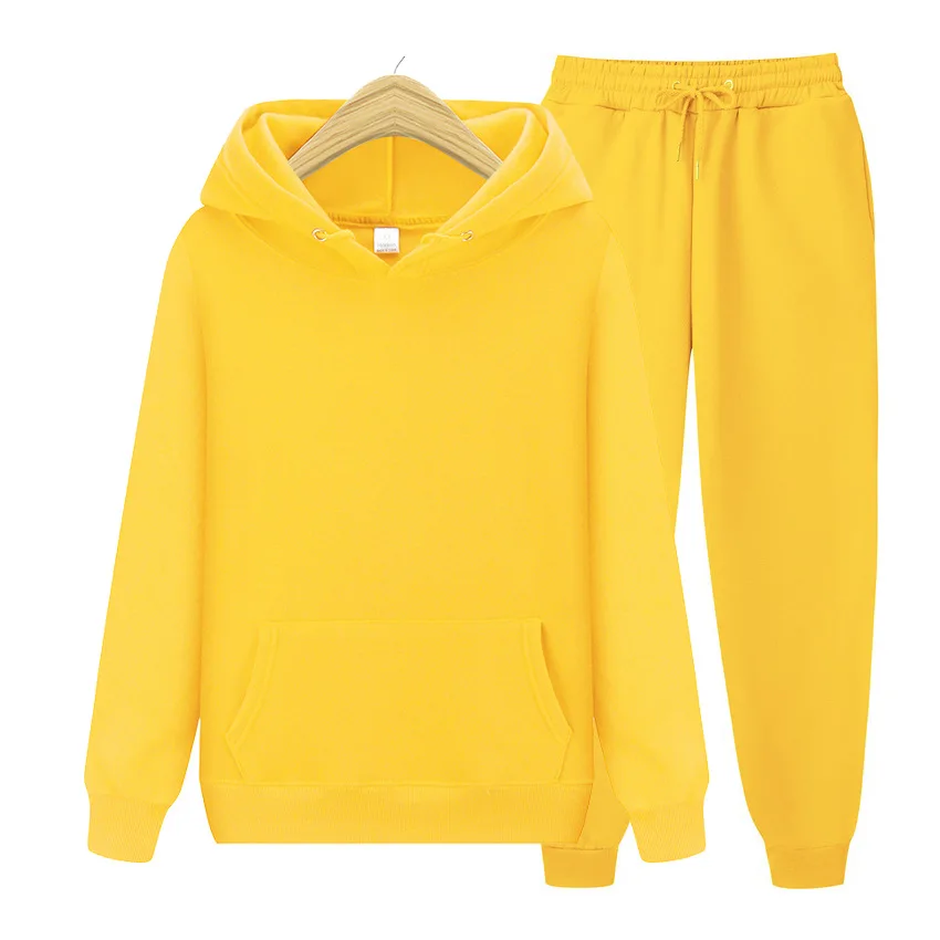 

Men's sports hooded Spring and Autumn solid color pullover set two-piece set hooded sweatshirt and sweatshirt and sweatpants