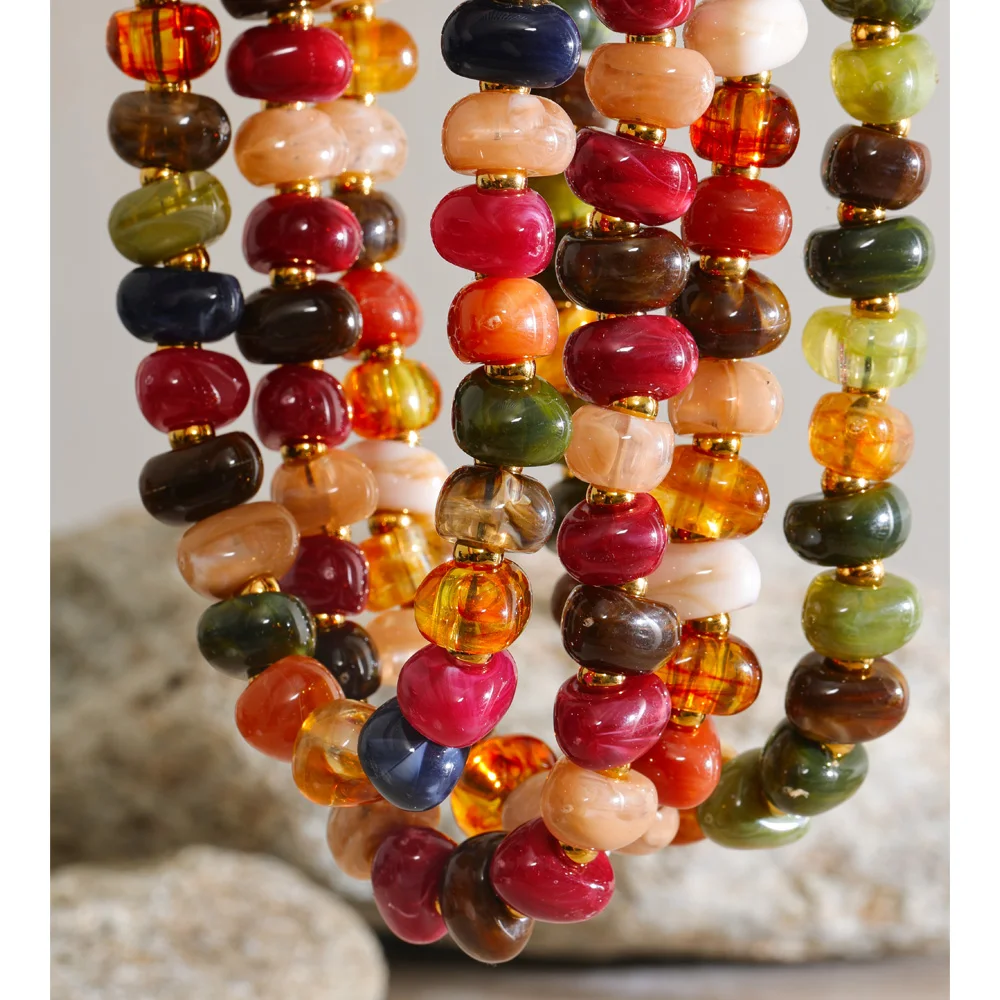 Yhpup Colorful Resin Beads Chain Handmade Necklace Waterproof Stainless Steel Exquisite Fashion Autumn Winter Jewelry