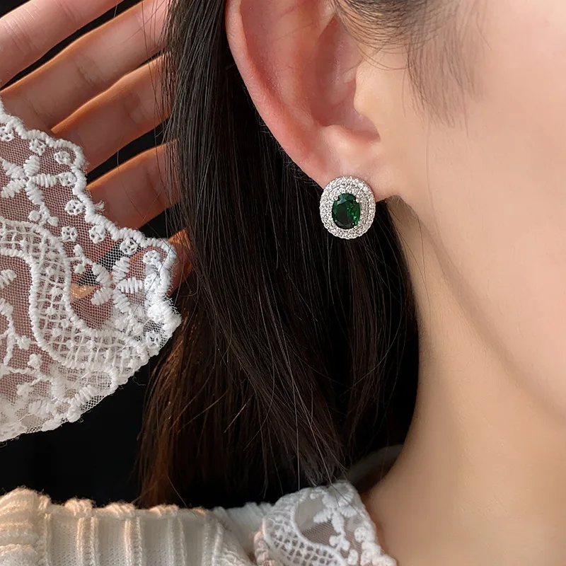 Emerald  Flash Zircon Stud Earrings for Women Unique Light Luxury Multi-layer Oval Earring Personalty Elegant Jewelry Holiday H