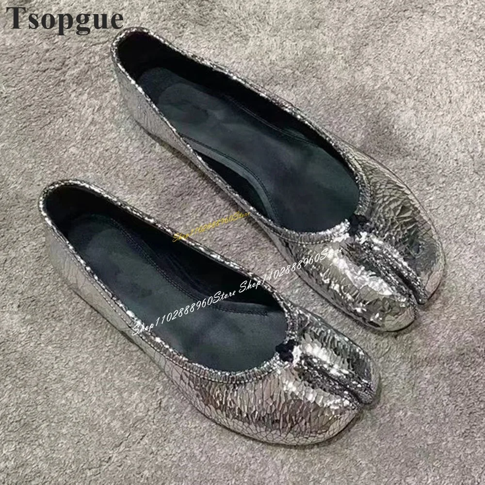 

Luxury Silver Mirror Leather Shallow Tabi Pumps Flat With Shoes For Women Slip On Split Toe 2024 Fashionable Zapatos Para Mujere