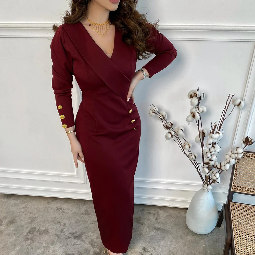 

Elegant Party Dresses Woman 2024 V Neck Long Sleeves Satin Straight Tea Length Burgundy Pleats Buttons Bespoke Occasion Gowns