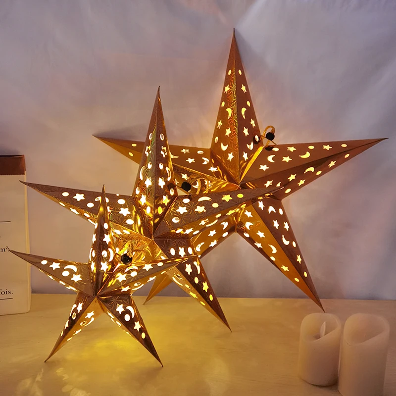 30/45/60cm Hollow Out Star Hanging Pendant Led Light Window Grille Paper Lantern Wedding Party Christmas Stars Lampshade Decor