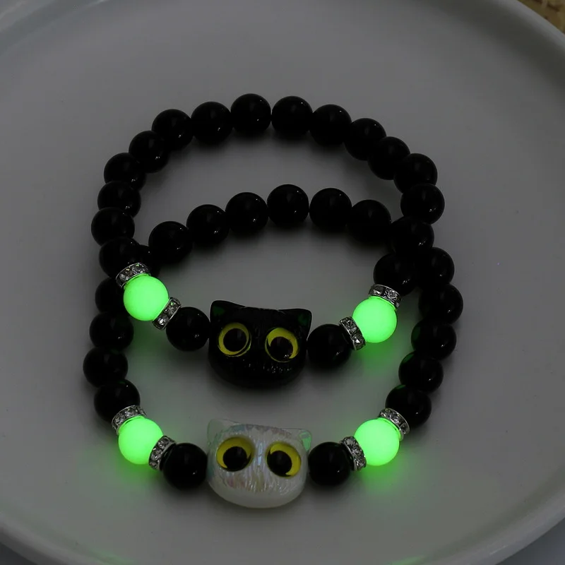 

Luminous Resin Big Eye Cat Bracelets for Women Girls Cute Handmade Black Beaded Bracelet Glow in the Dark Jewelry Halloween Gift
