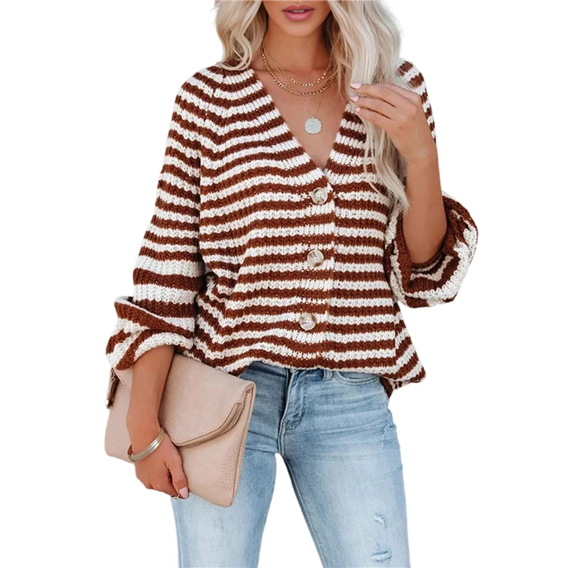 

ABLK женский полосатый свитер пальто повседневный с длинным рукавом с открытой передней частью на пуговицах свободный вязаный кардиган осень коричневый S