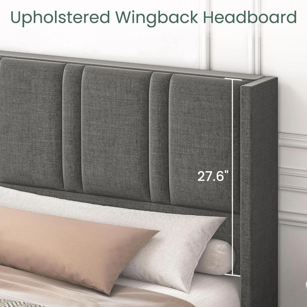 King Size Linen Upholstered Platform Bed Frame, Wingback Headboard & Storage Drawers & Wooden Parts, Customized view 4