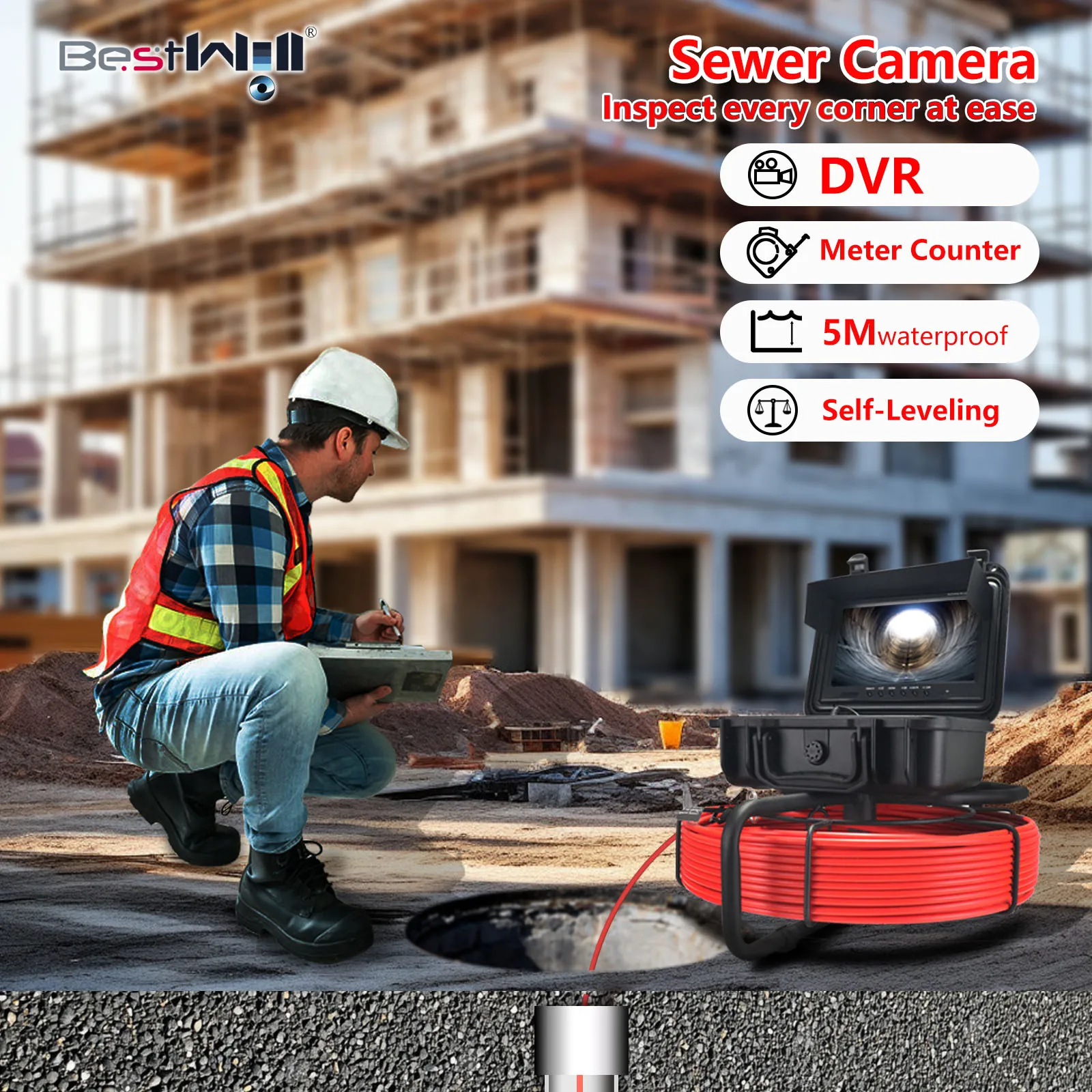 مصنع مقاوم للماء IP68 9 بوصة كاميرا فحص استنزاف Borescope الصناعية مع ضوء لاستنزاف أنابيب الصرف الصحي