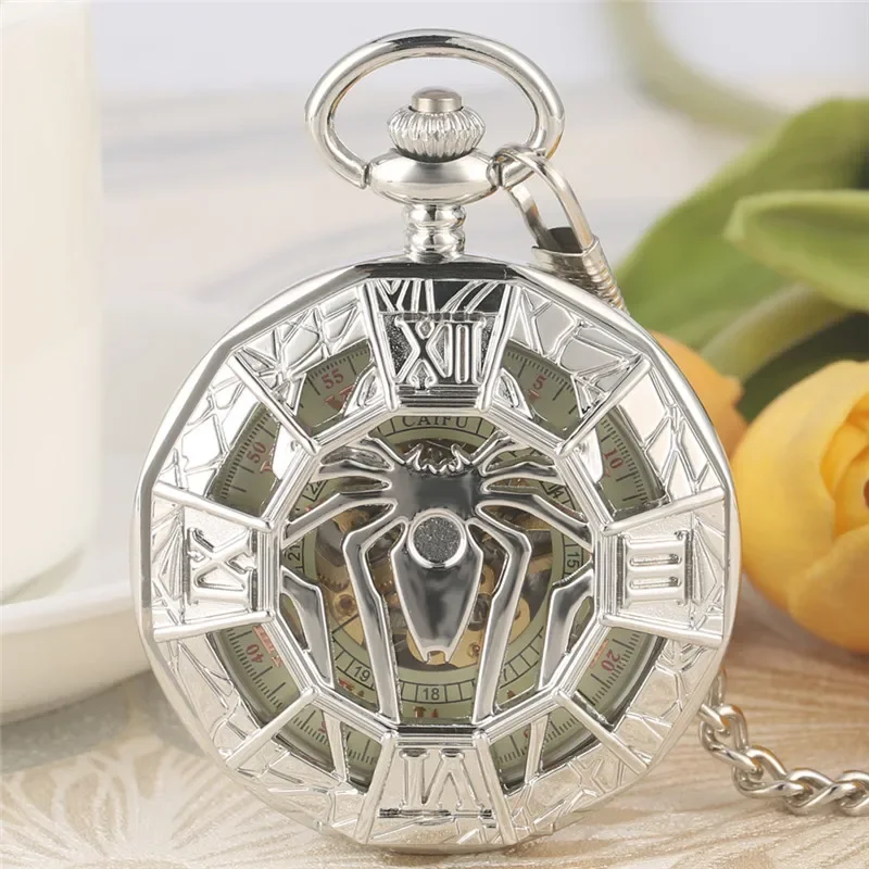 

Antique Hollow Out Spider Pocket Watch Men Women Handwinding Mechanical Watches with Silver Fob Pendant Chain Collectable Clock