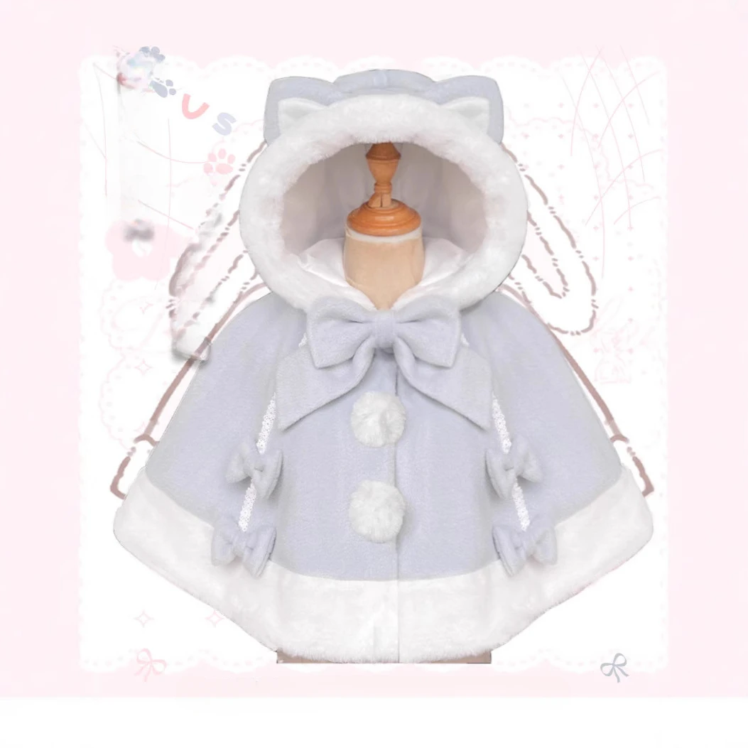 Sweet Hooded Lolita Cape With Bunny/ Kitten Ears Warm Winter Velvet Thick Women's Cloak ~ Cheese Cat / Sweetheart Rabbit