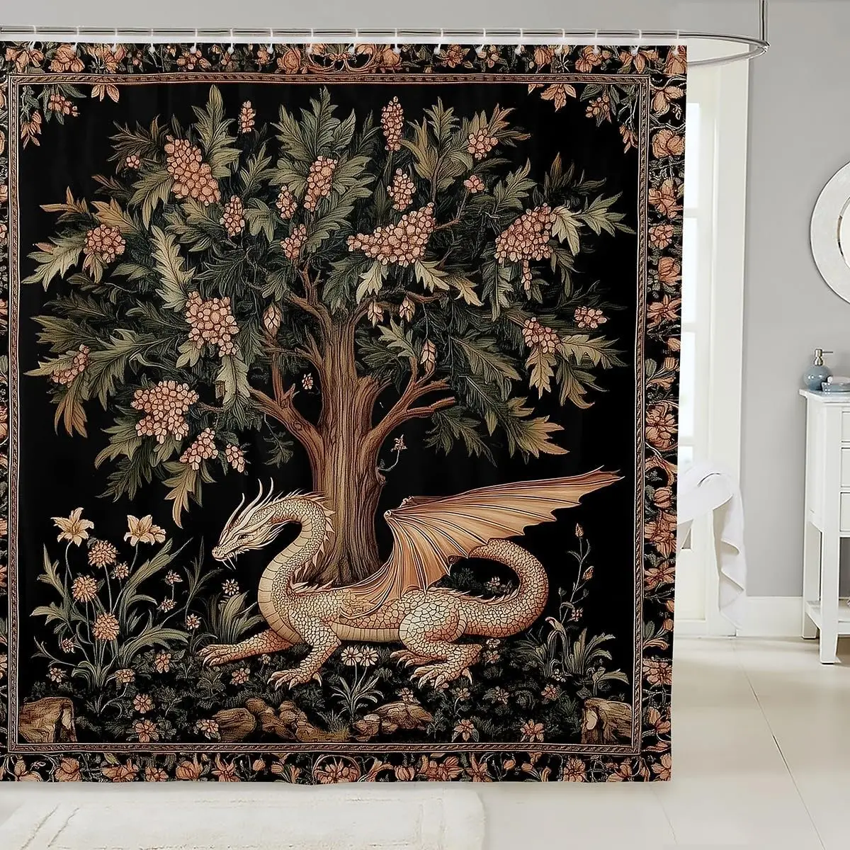 Enchanting Dragon and Botanical Tree Shower Curtain Gothic Forest Waterproof Bathroom Decor Tapestry Curtain Wall Art 180x180cm