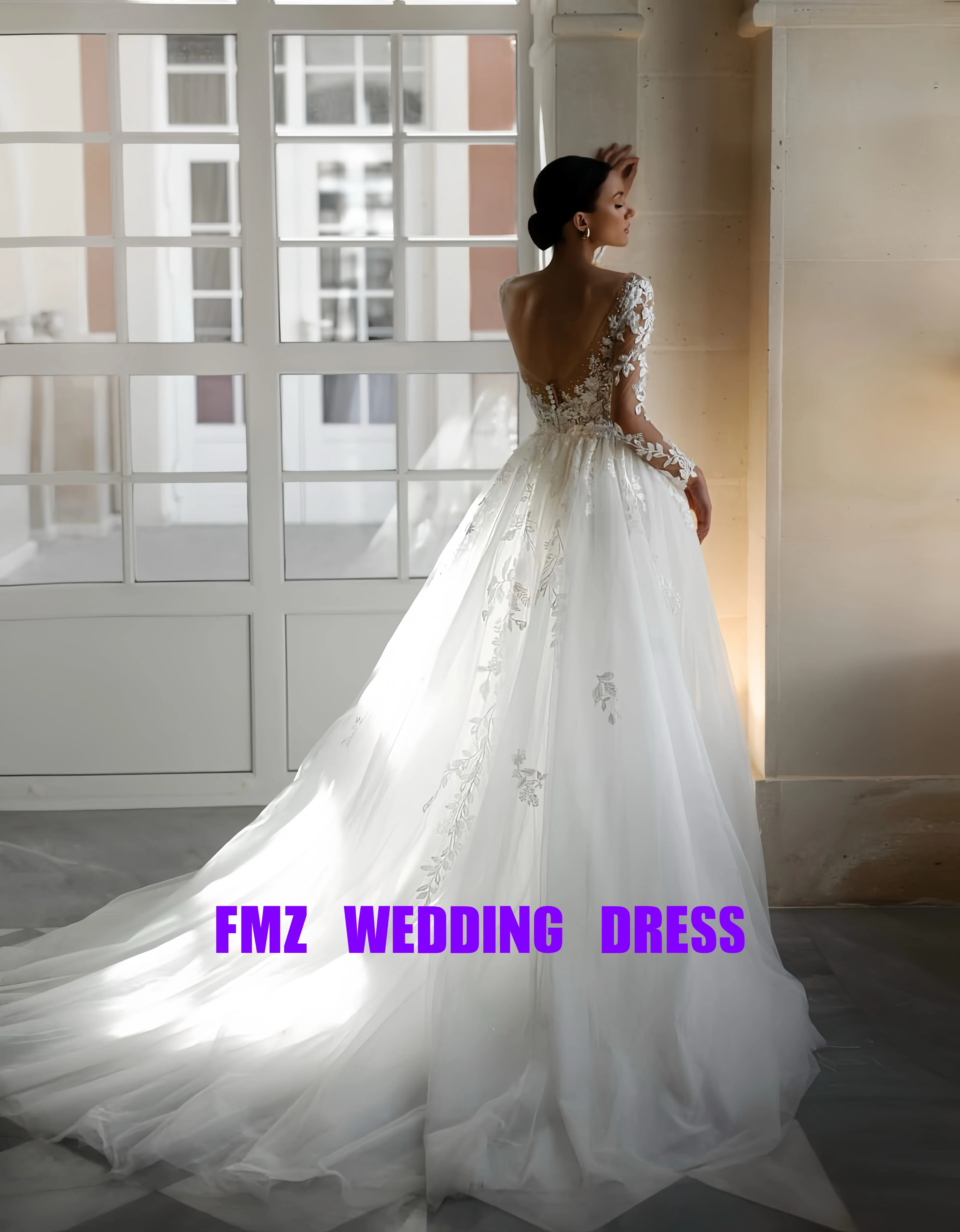 맞춤형 라운드넥 긴팔 머메이드 탈부착 가능한 꼬리 웨딩드레스 여성용 드레스 로브 드 마리에