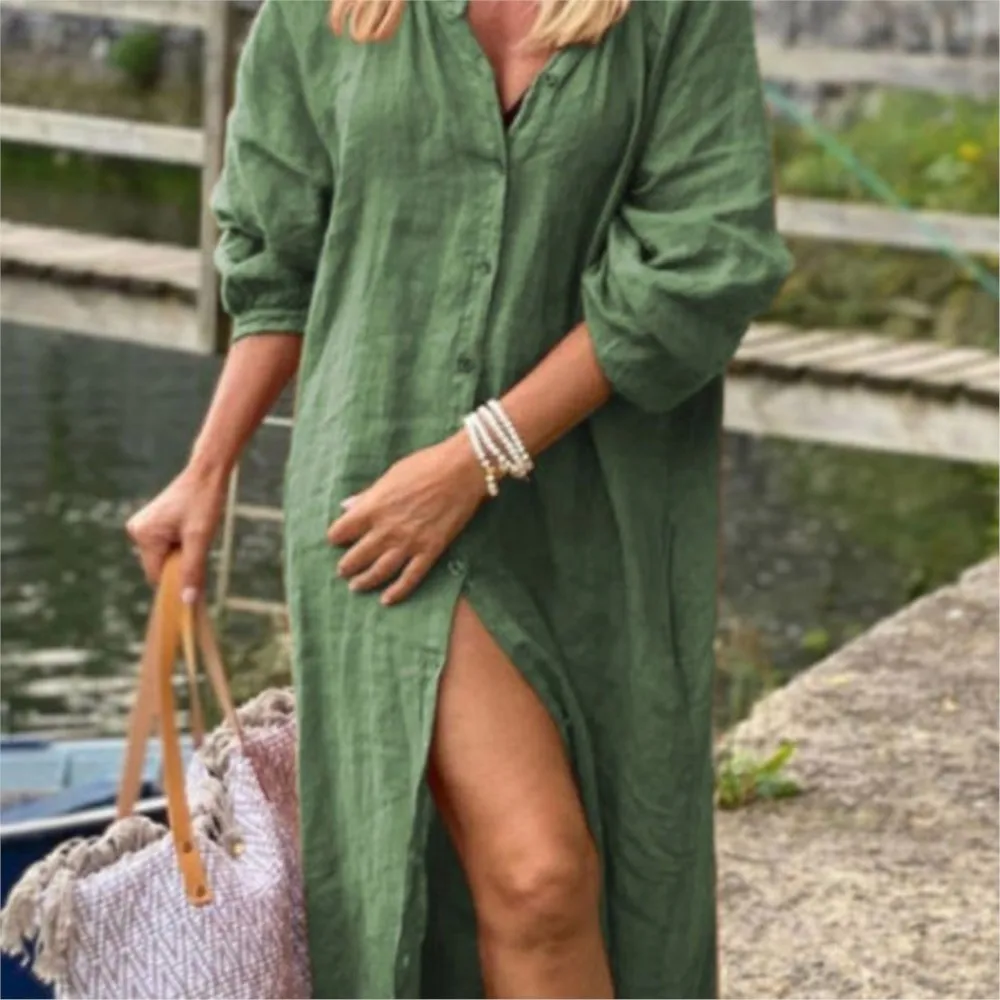 السيدات الربيع بلون سبليت فستان 2025 المرأة الجديدة فضفاضة طويلة الأكمام زر حتى سترة ماكسي قميص فستان رداء فضفاض غير رسمي