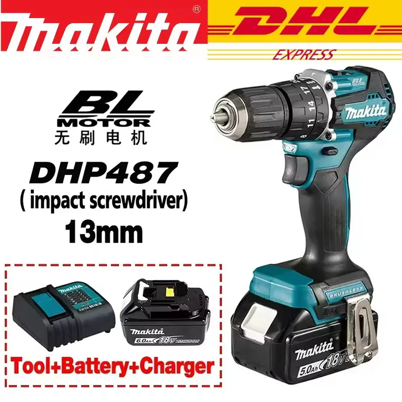 🎀 Nouveau Original Makita DHP487 tournevis à percussion sans fil perceuse tournevis à percussion électrique sans brosse 18V puissance Rechargeable à