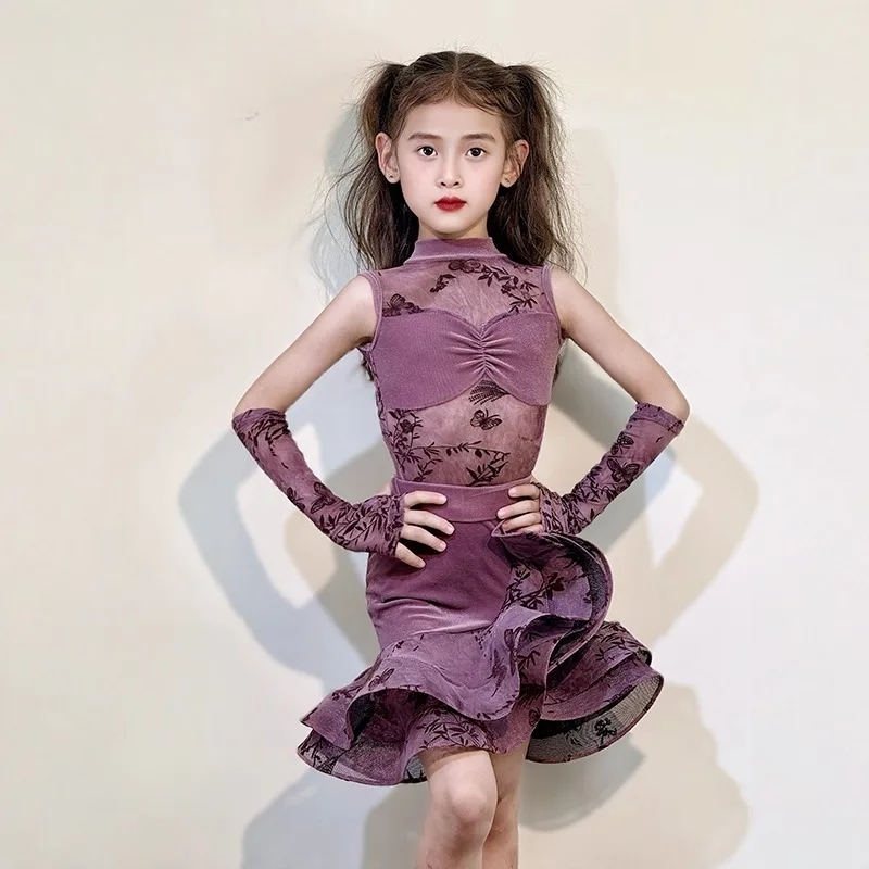 

Костюмы для латинских танцев для девочек, румба, юбка с рюшами, танго, сальса, самба, бальная одежда, детская сценическая одежда, праздничное платье