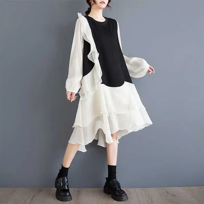 Chic Primavera Autunno Donna Filato netto Splicing Ruffles T-shirt Abito Allentato Patchwork irregolare Bordo di loto Tees Abito Top Abiti