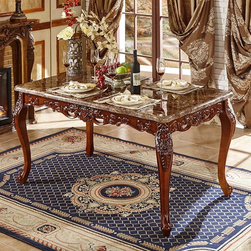 STG European Royal Rectangle Marble Top Dining Table Villa Dining Room Table Caving Retro 1.5m/1.8m Solid Wood Dining Table