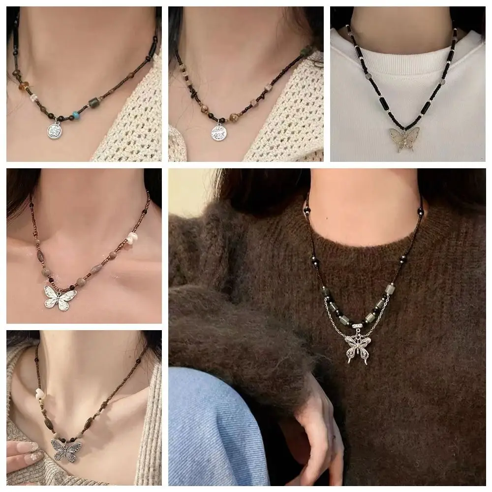 빈티지 블랙 로프 뉴 차이니즈 우드 크리스탈 메탈 핸드메이드 레트로 펜던트 주얼리 초커 (펑크/콜리어/히피/유니섹스용)