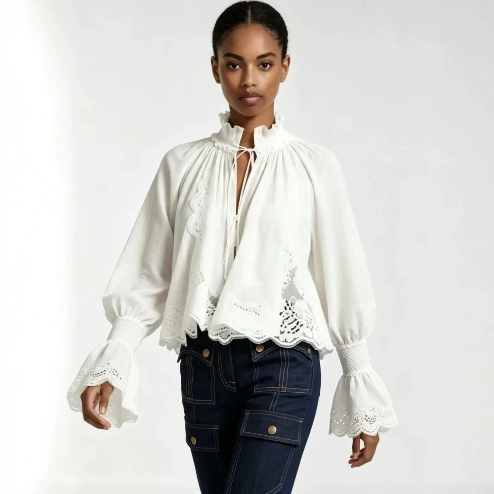 Customization Women's Vintage Hollow Lace Blouse Ruffled Collar Tie Front Puff Flare Sleeve Loose Cropped White Shirt For Daily view 3