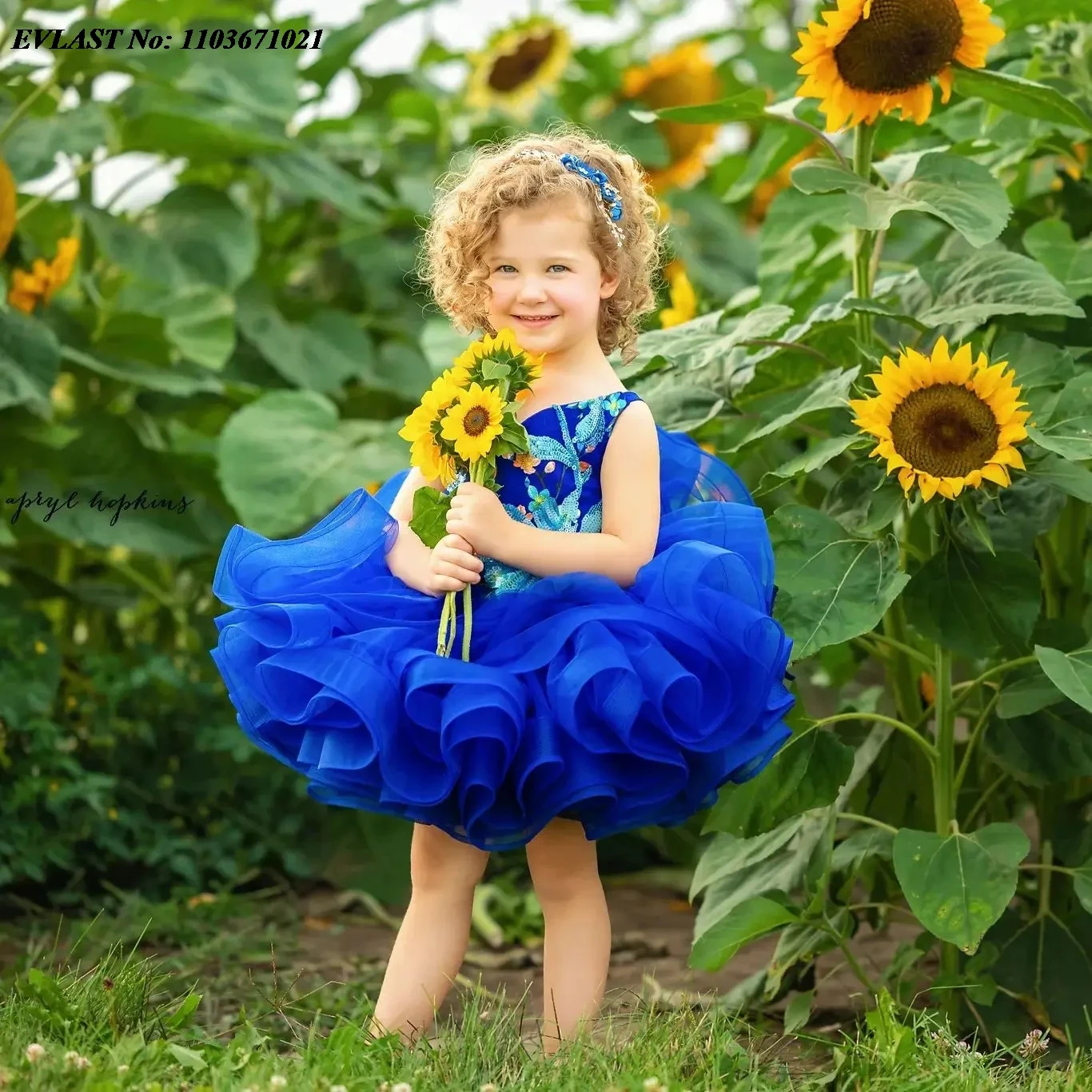 EVLAST Customized Royal Blue Flower Girl Dress Knee Length Kids Baby Girls Birthday For Wedding Party First Communion Gown FD67