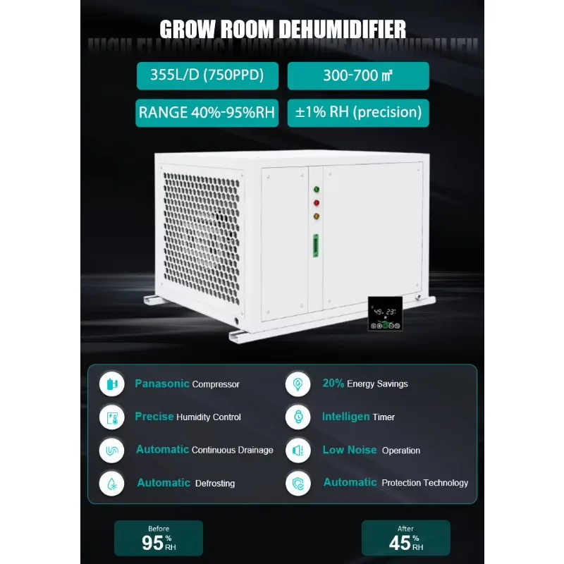 750 Pints 355L غرفة النمو مزيل الرطوبة الزراعية العريس البيت الأخضر مزيل الرطوبة لمنزل الفطر