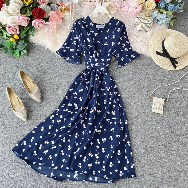 YuooMuoo Women Dress Fashion Vintage Ins Bandage Slim Waist A-line Long Dress Vacation Beach Summer Outfits Lady Robe Femme