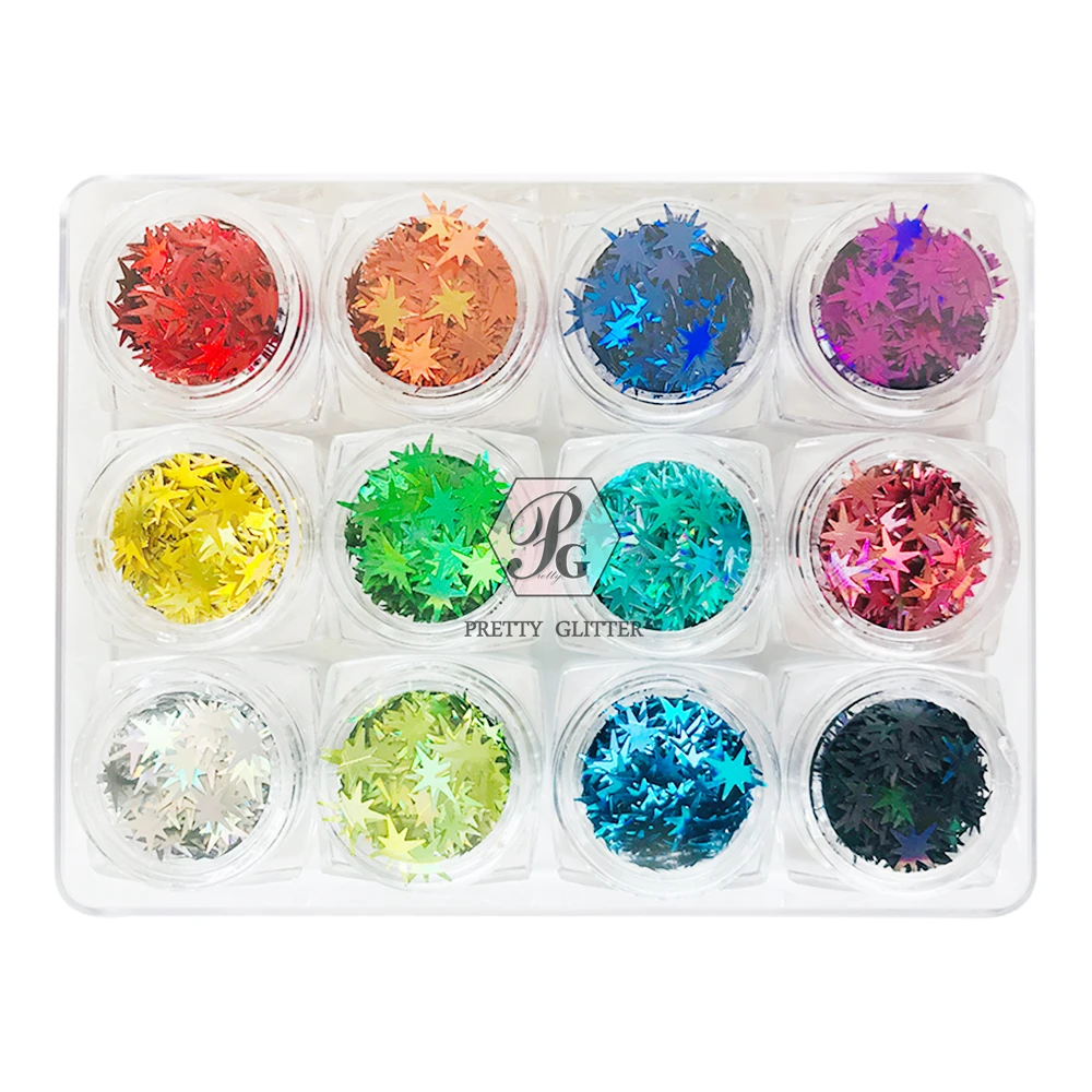 PrettyG 1 Set 12Color Box 8mm Exploding Star Sequin Glitter Shape Meter Star Holographic Glitter For DIY Nail Art Decoration