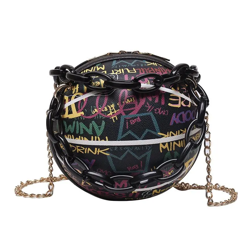 Personality Graffiti Round Ball Bag For Women 2024 PU Leather Crossbody Acrylic Chain Handbags and Purses Female Basketball Bag