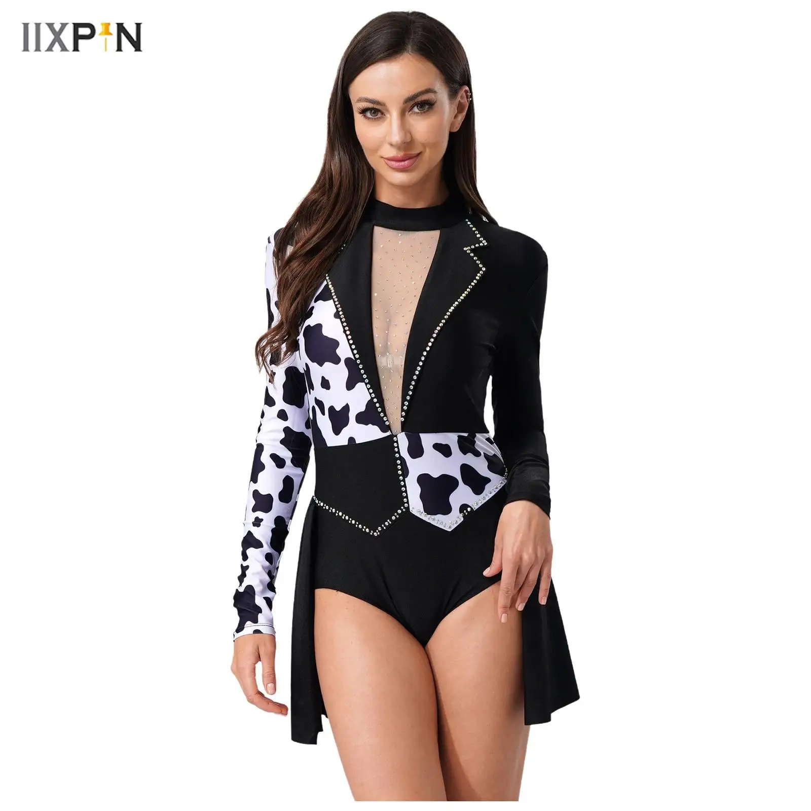 

Womens Devil Witch Bodysuit Dress Spotty Contrast Color Open Front Skirt One Piece Leotard for Halloween Clown Masquerade Party