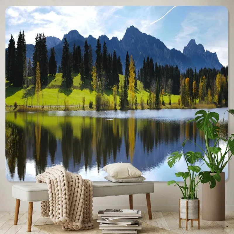 Quiet Forest Tapestry Green Trees Lake Boat Home Bedroom Living Room Decoration Background Wall