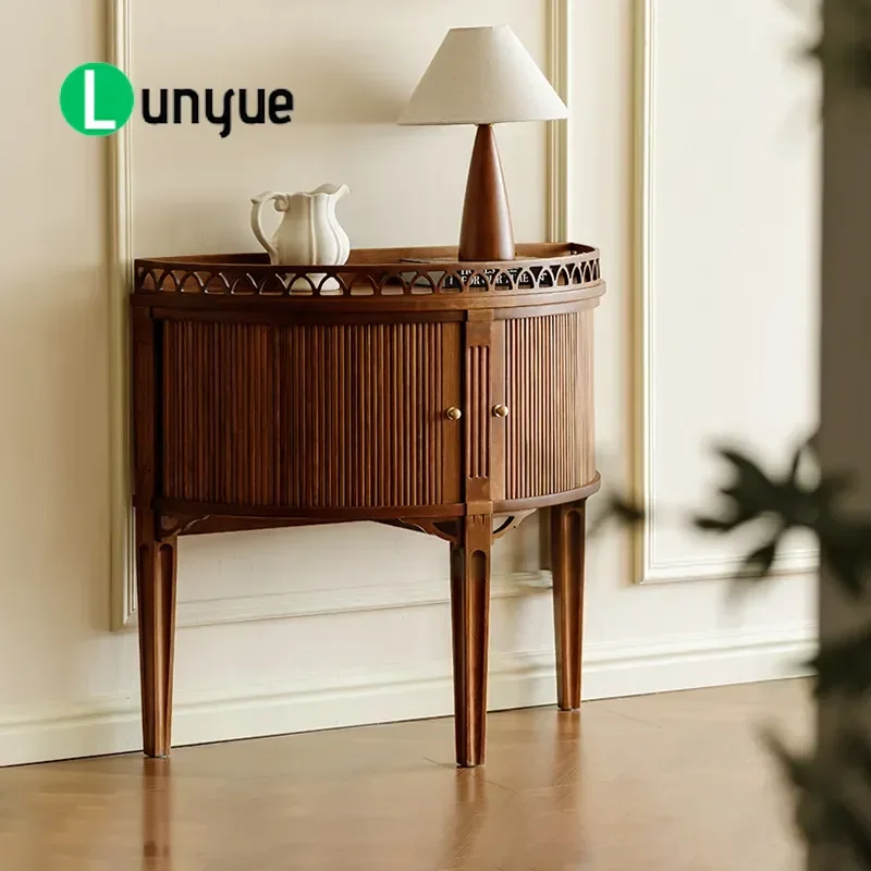 French Retro Solid Wood Semicircular Carved Storage Table Antique Style Wall Console Cabinet American Light Luxury Living