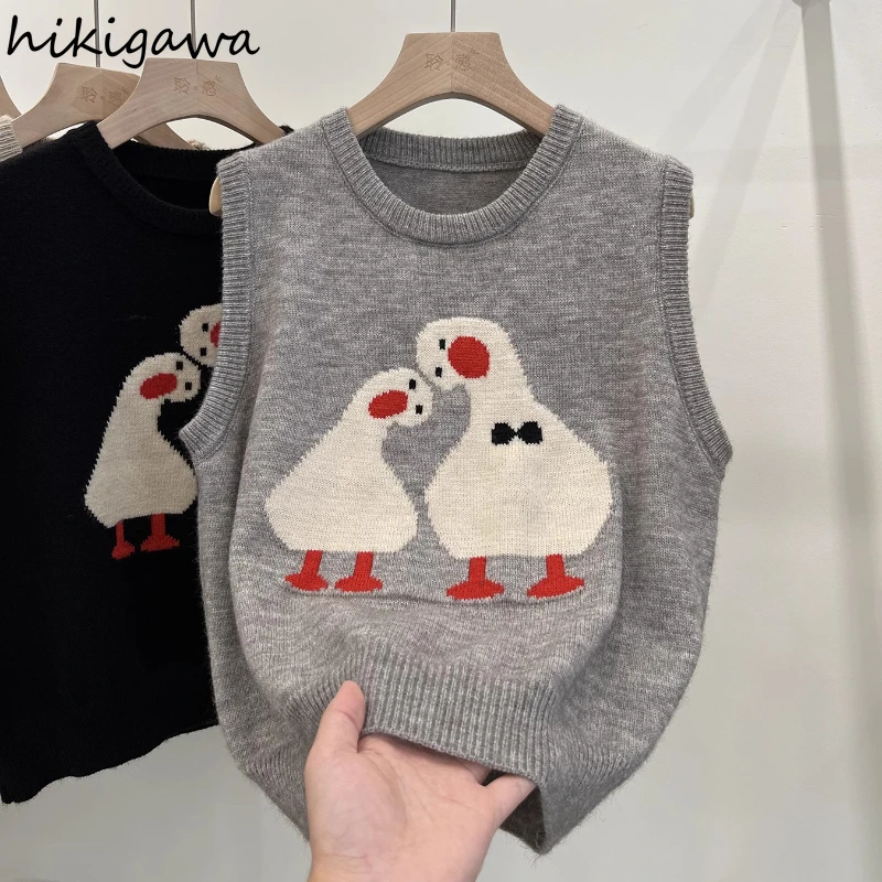 Cartoon Duck Vest Sweater Women Clothing Sleeveless Fashion Casual Tanks 2023 Ropa Mujer Korean Knitting Vintage Crop Tops 7n039