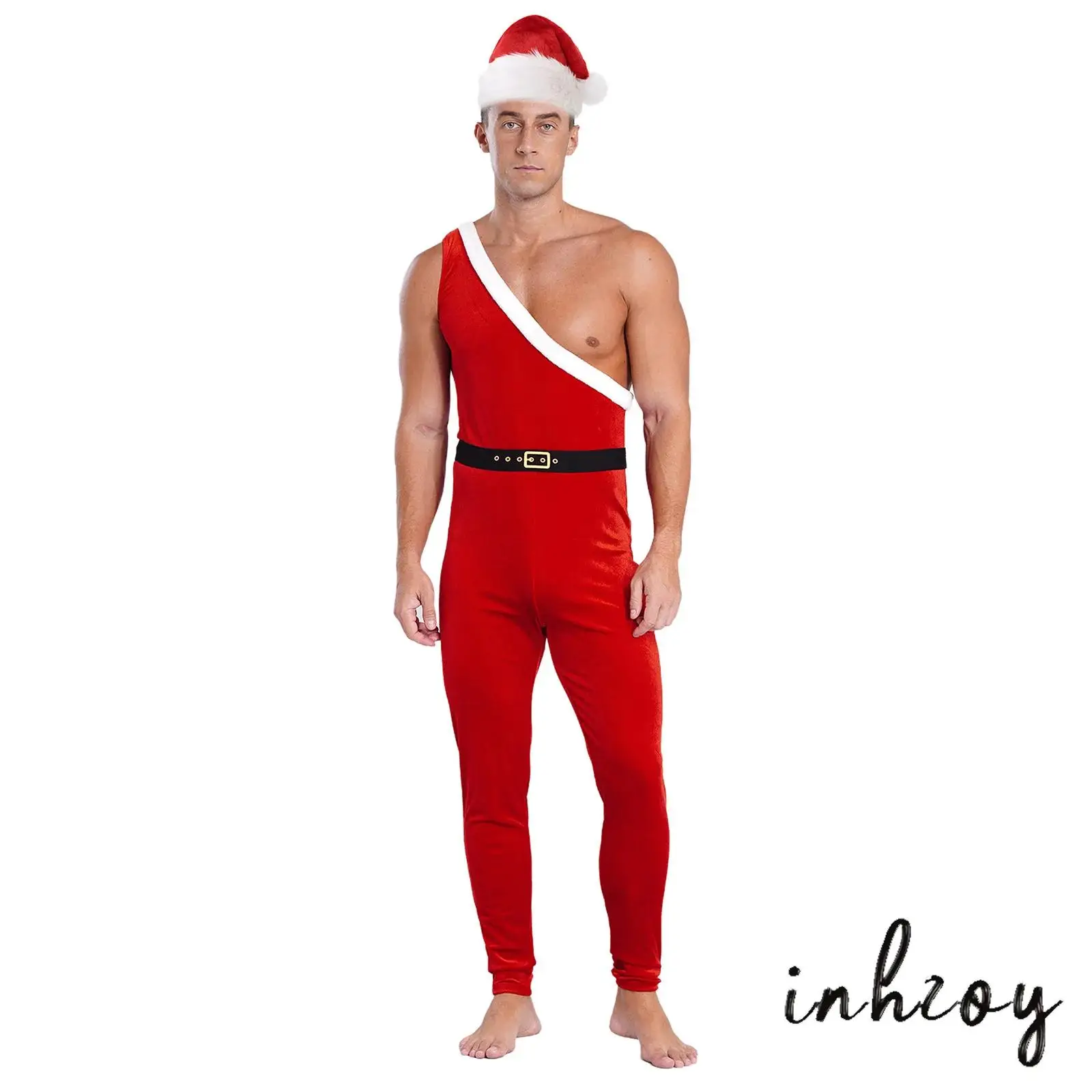 

3Pcs Men Christmas Costume One Shoulder Sleeveless Santa Claus Bodysuit with Belt and Santa Claus Hat Set Party Costume