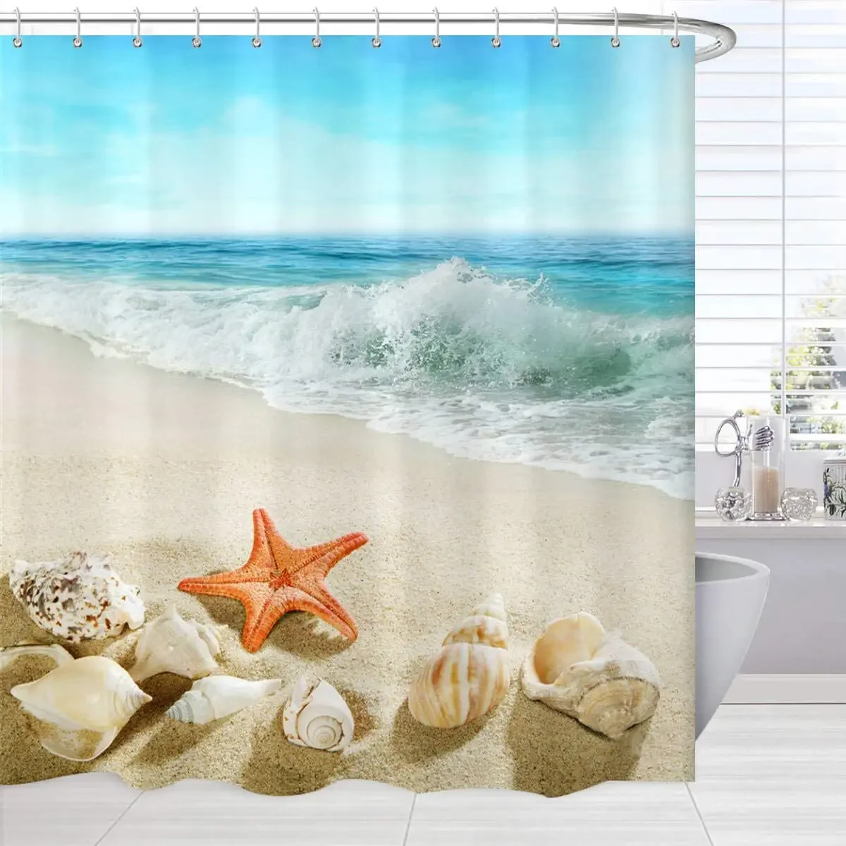 Beach Shower Curtain Machine Washable Seashells Starfish Conch Waves Ocean Bath Curtain Blue Bathroom Accessories Set with Hook