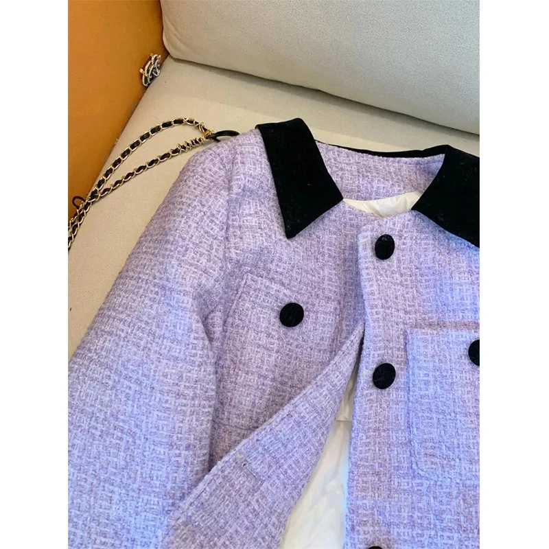 Imagem -03 - Jaquetas Vintage de Tweed Recortadas Feminino Blazer Curto Patchwork Cabolsa Coreano Elegante de Peito Único Casual Cabolsas de Todas as Partidas