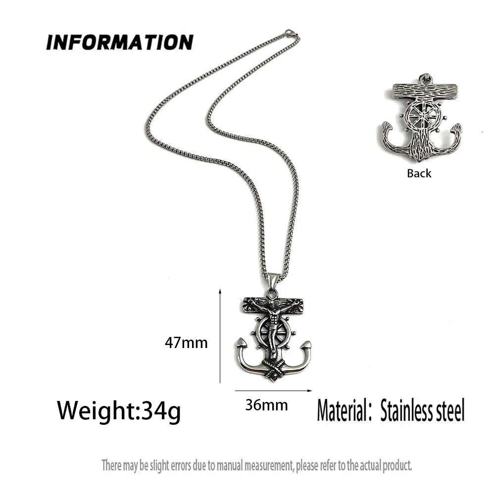 Retro cast anchor and rudder stainless steel necklace, waterproof and non-fading blackening process, bulk sales pendant