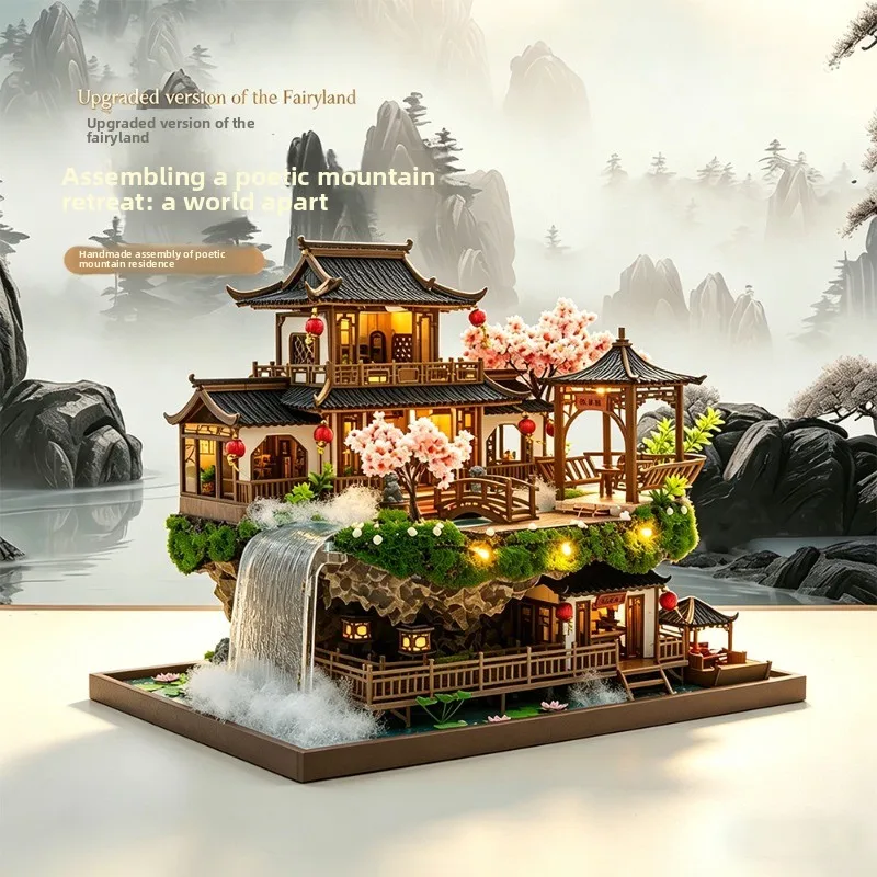 Chinese antique miniature building model house scene handmade DIY hut assembled art toy