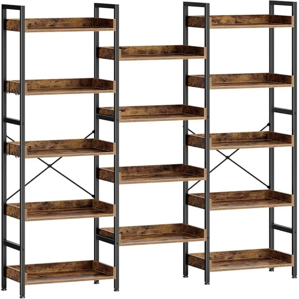 5 Tiers with 4 Hooks, Triple Bookcase with Open Display Shelves, Industrial Wide Bookshelf with Metal Frame for Living Room