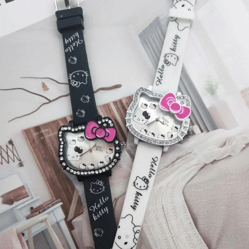 MINISO Hello Kitty Children\'s Cartoon Cat Head Student Electronic Silicone Diamond Bow Quartz Watch Party Kids Girls Gifts