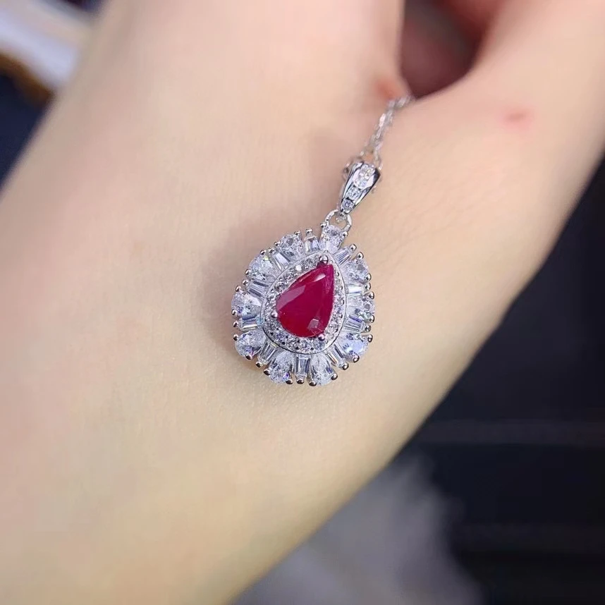

Popular Natural Ruby 925 Sterling Silver Inlaid Red Gemstone Drop Pendant Women's Necklace Bride Wedding Party Gift Jewelry Supp