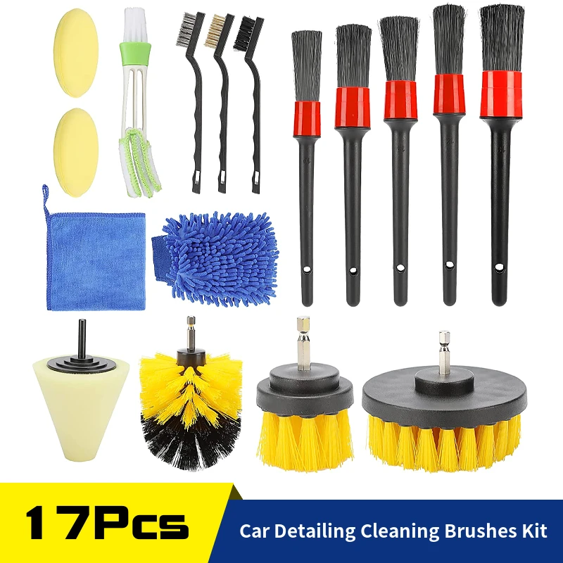 17 Pcs Car Detailing Drill Cleaning Brush Kit, Auto Interior Washing Tool, Towel Wash Mitt Cone Sponge for Car Polishing Waxing