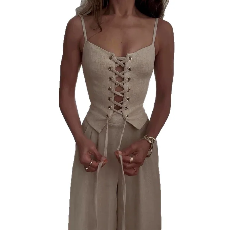 

2025 New Fashion Slim Backless Top + Wide Leg Pants Two-piece Sets Women Summer Casual Solid Color Vest Pants Set For Women