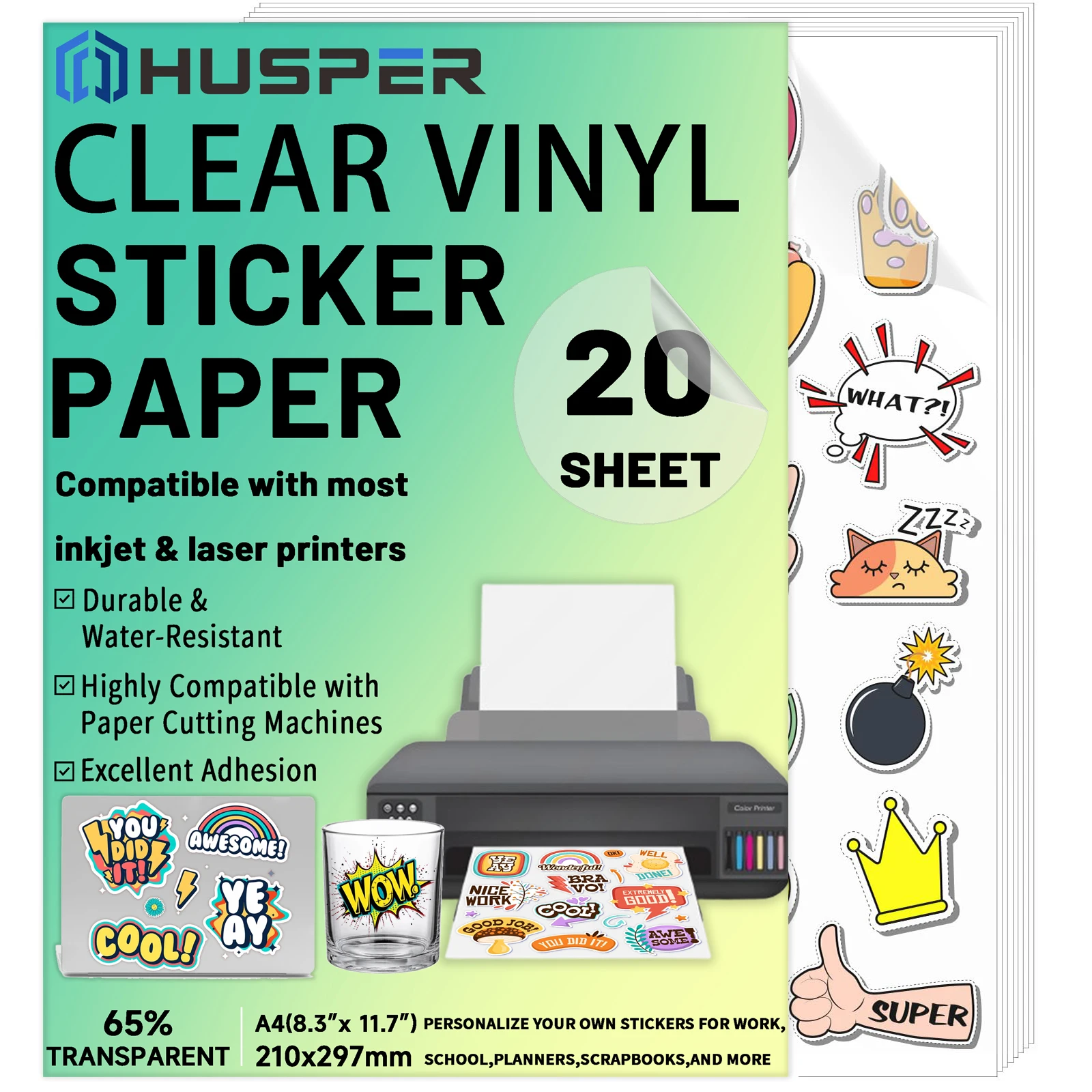 20 Sheets Printable Vinyl Sticker Paper,Translucent A4 (8.3x11.7 Inch) 65% Clear Self-Adhesive Sheets, Waterproof,Dries Quickly